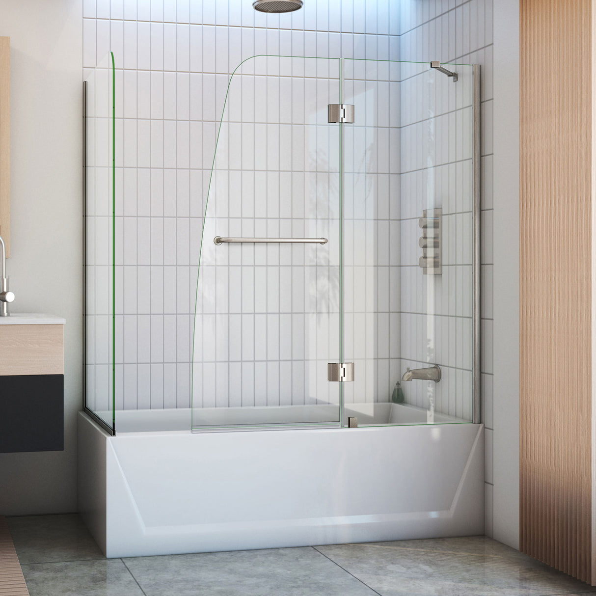 DreamLine Aqua 56-60 in. W x 30 in. D x 58 in. H Frameless Hinged Tub Door with 30 in. Return Panel in Brushed Nickel