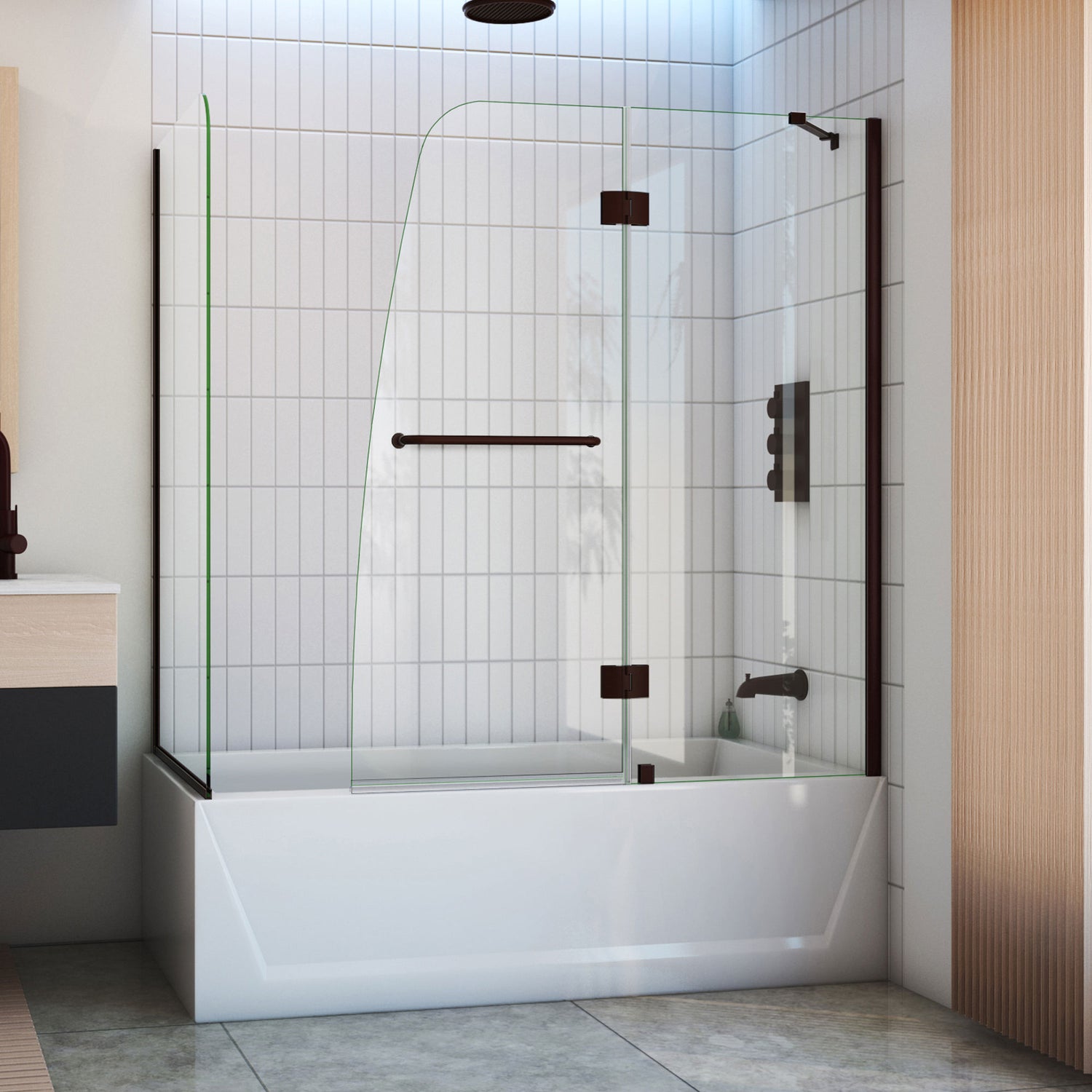 DreamLine Aqua 56-60 in. W x 30 in. D x 58 in. H Frameless Hinged Tub Door with 30 in. Return Panel in Oil Rubbed Bronze