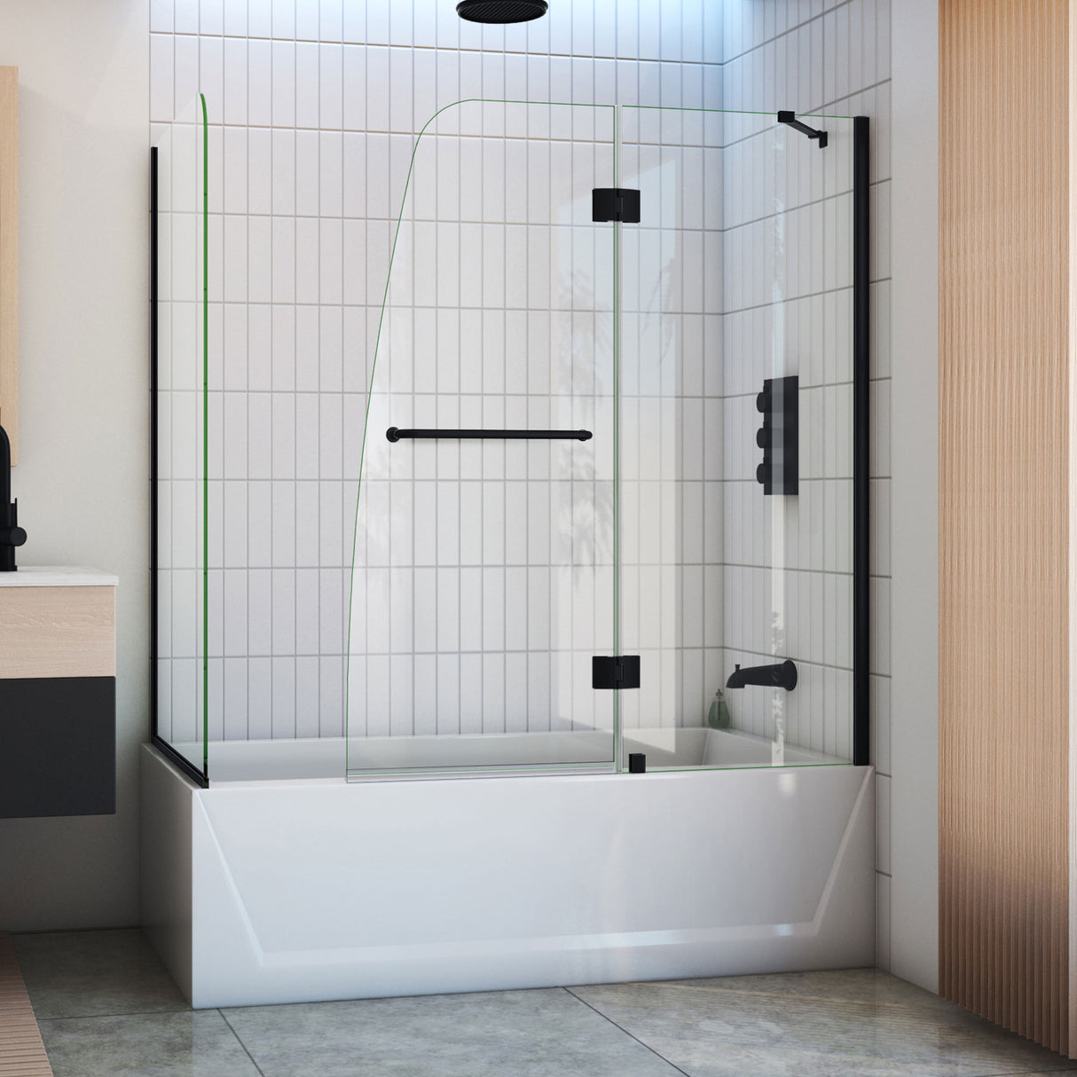 DreamLine Aqua 56-60 in. W x 30 in. D x 58 in. H Frameless Hinged Tub Door with 30 in. Return Panel in Satin Black