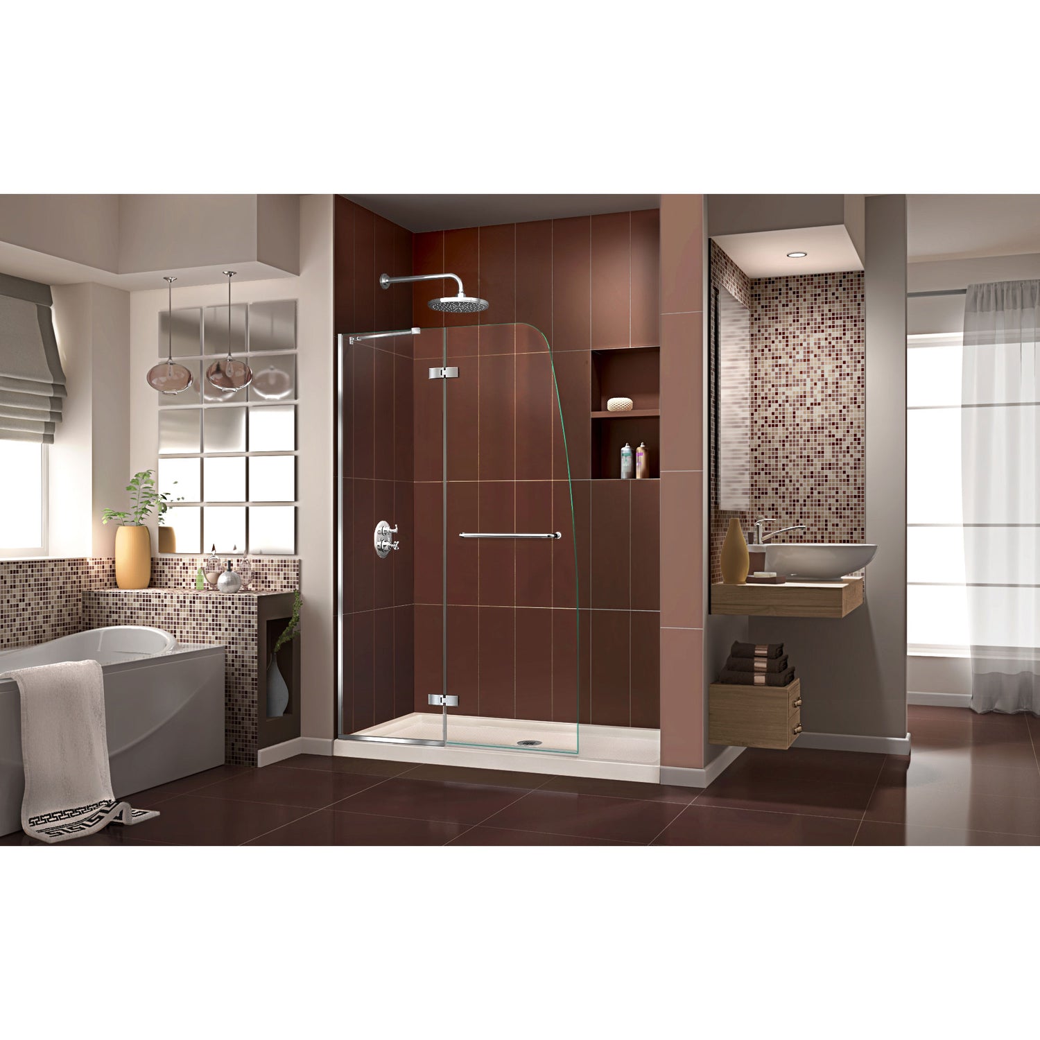 DreamLine Aqua Ultra 36 in. D x 60 in. W x 74 3/4 in. H Frameless Shower Door in Chrome and Center Drain Biscuit Base Kit