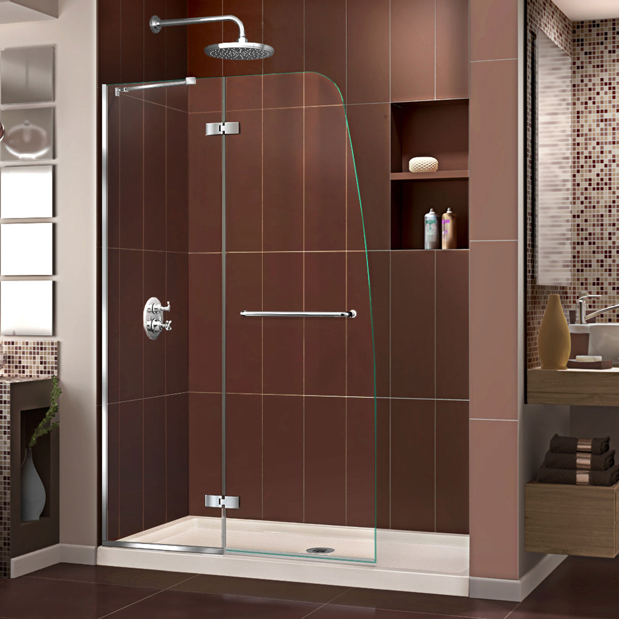 DreamLine Aqua Ultra 34 in. D x 60 in. W x 74 3/4 in. H Frameless Shower Door in Chrome and Center Drain Biscuit Base Kit