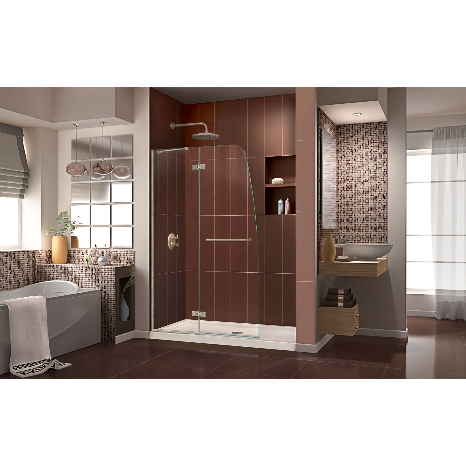 DreamLine Aqua Ultra 36 in. D x 48 in. W x 74 3/4 in. H Frameless Shower Door in Brushed Nickel and Center Drain Biscuit Base Kit