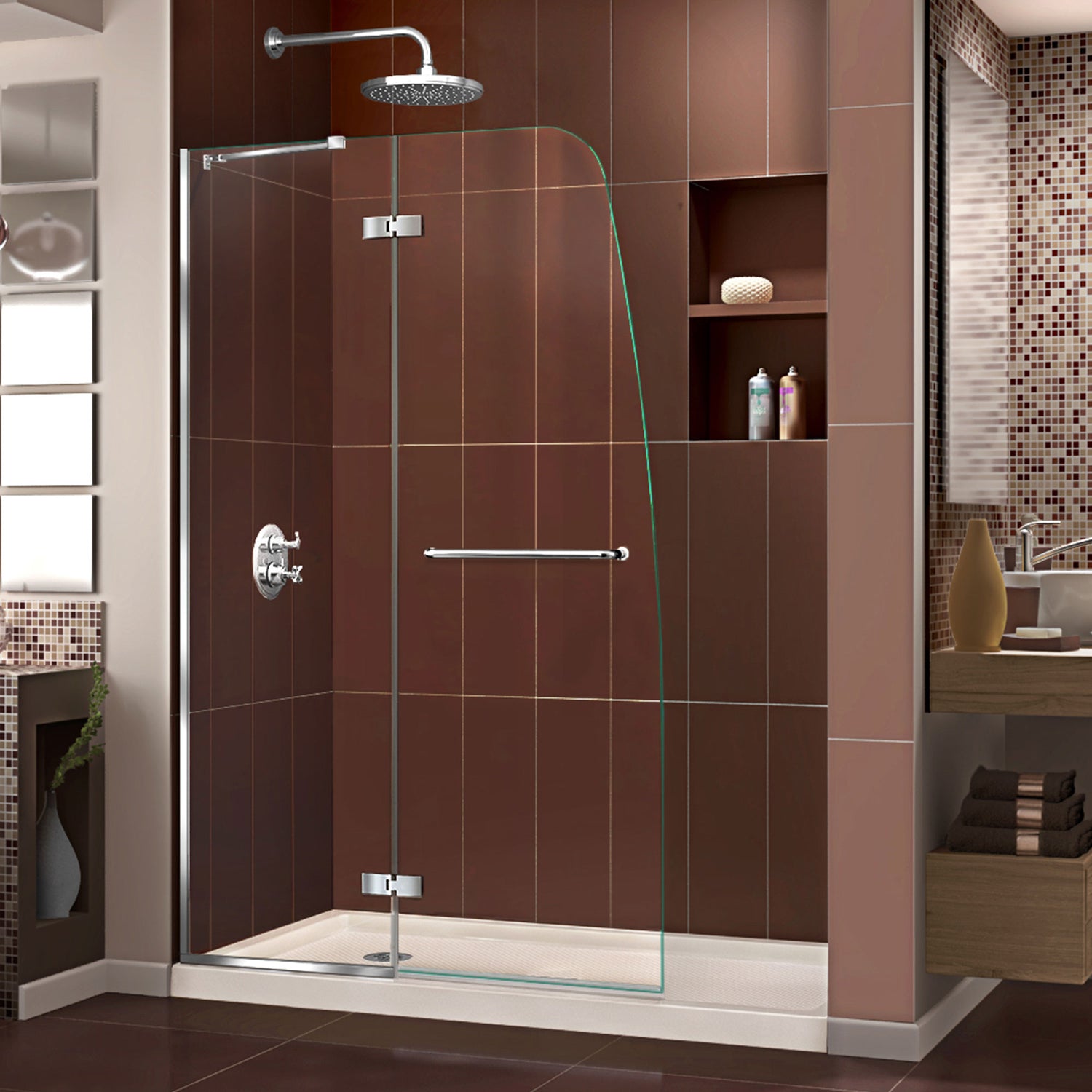 DreamLine Aqua Ultra 36 in. D x 60 in. W x 74 3/4 in. H Frameless Shower Door in Chrome and Left Drain Biscuit Base Kit