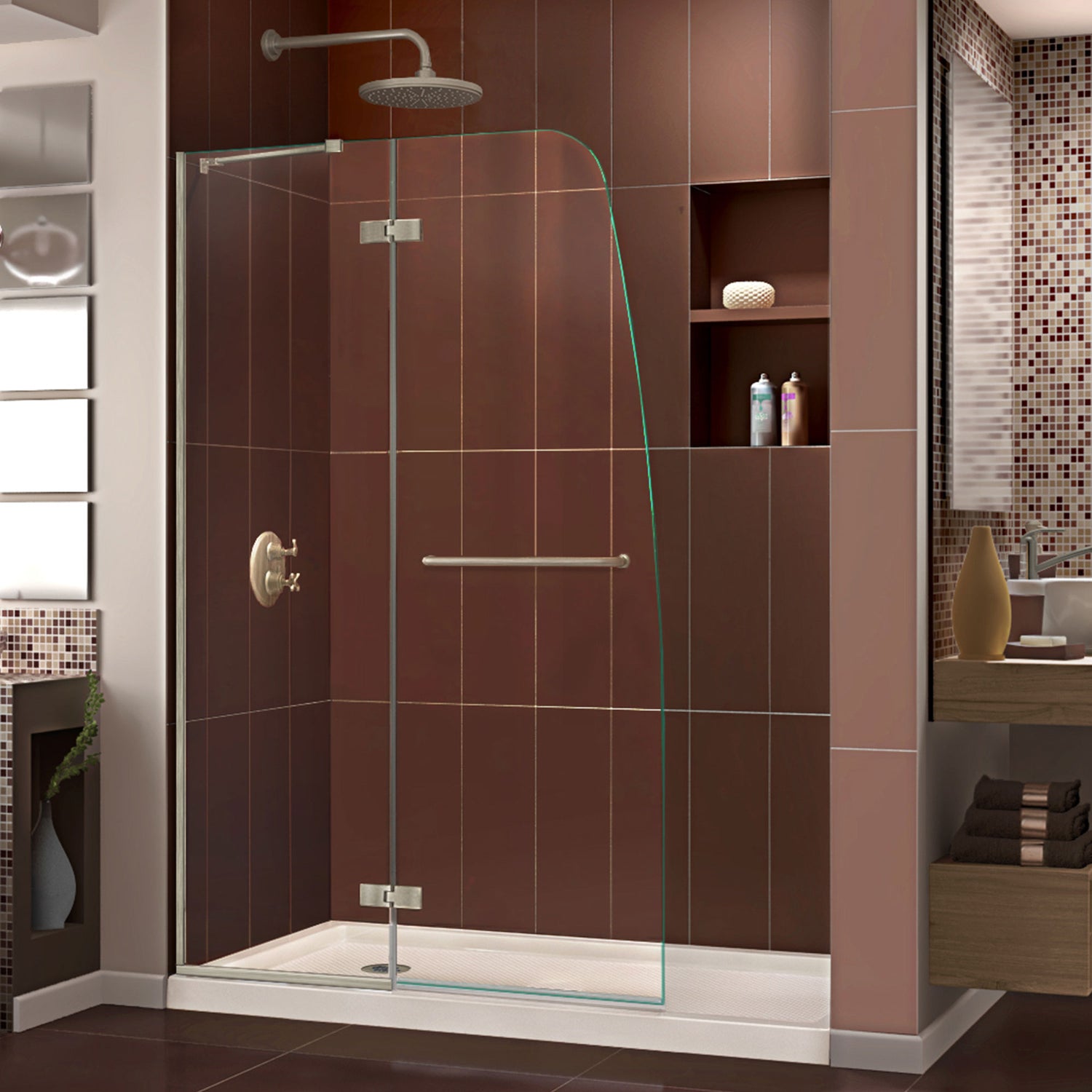 DreamLine Aqua Ultra 32 in. D x 60 in. W x 74 3/4 in. H Frameless Shower Door in Brushed Nickel and Left Drain Biscuit Base Kit