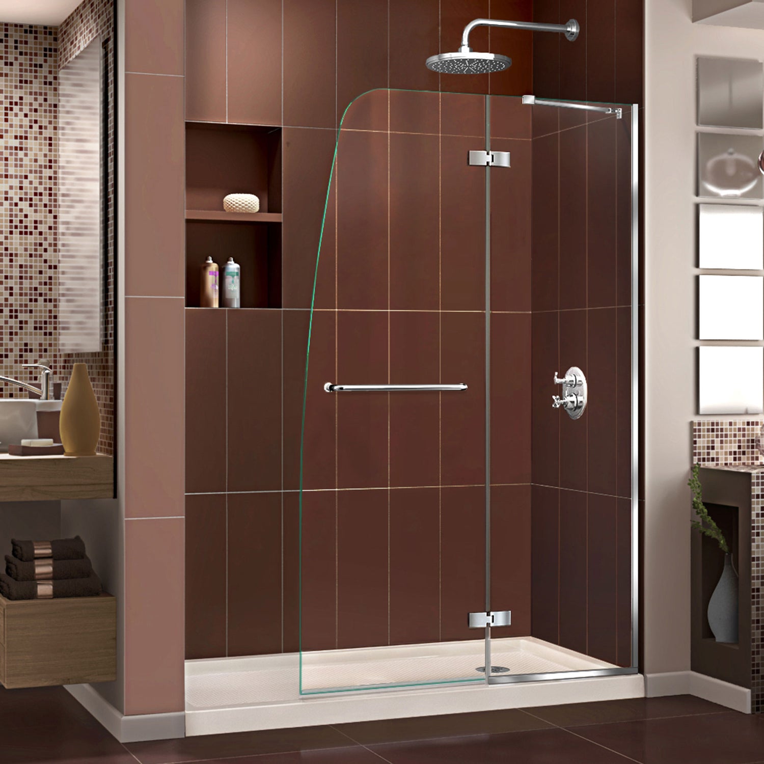 DreamLine Aqua Ultra 36 in. D x 60 in. W x 74 3/4 in. H Frameless Shower Door in Chrome and Right Drain Biscuit Base Kit