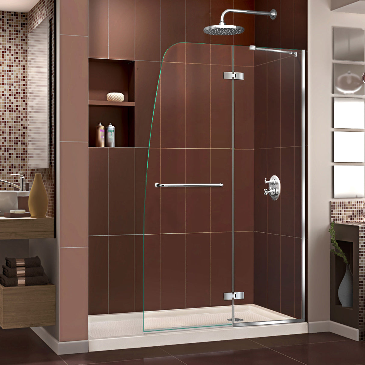 DreamLine Aqua Ultra 34 in. D x 60 in. W x 74 3/4 in. H Frameless Shower Door in Chrome and Right Drain Biscuit Base Kit