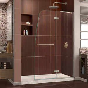 DreamLine Aqua Ultra 34 in. D x 60 in. W x 74 3/4 in. H Frameless Shower Door in Brushed Nickel and Right Drain Biscuit Base Kit