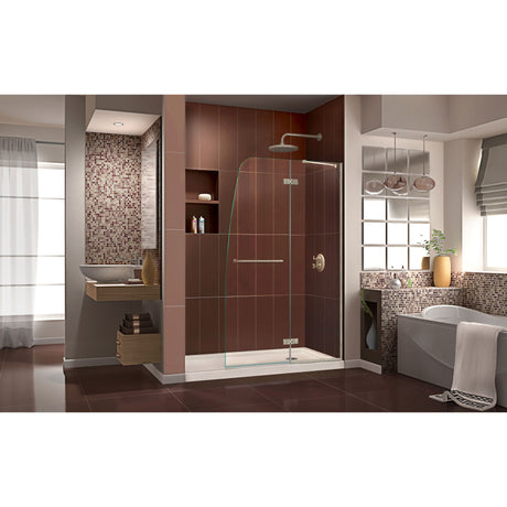 DreamLine Aqua Ultra 30 in. D x 60 in. W x 74 3/4 in. H Frameless Shower Door in Brushed Nickel and Right Drain Biscuit Base Kit