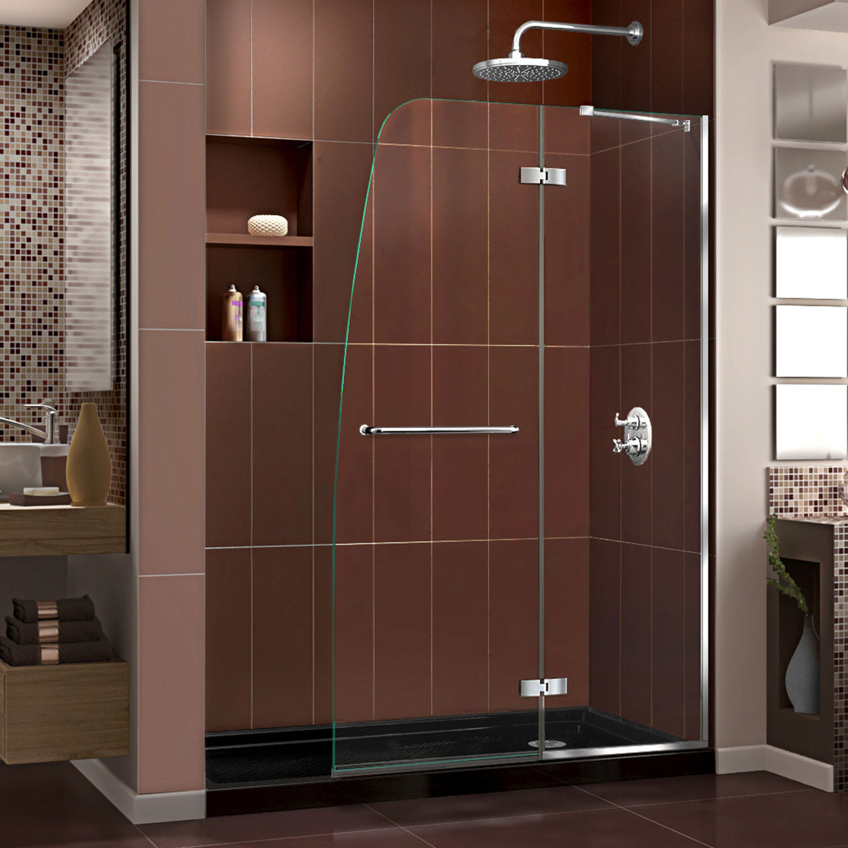 DreamLine Aqua Ultra 32 in. D x 60 in. W x 74 3/4 in. H Frameless Shower Door in Chrome and Right Drain Black Base Kit