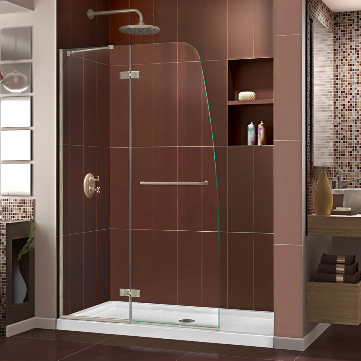 DreamLine Aqua Ultra 36 in. D x 48 in. W x 74 3/4 in. H Frameless Shower Door in Brushed Nickel and Center Drain White Base Kit