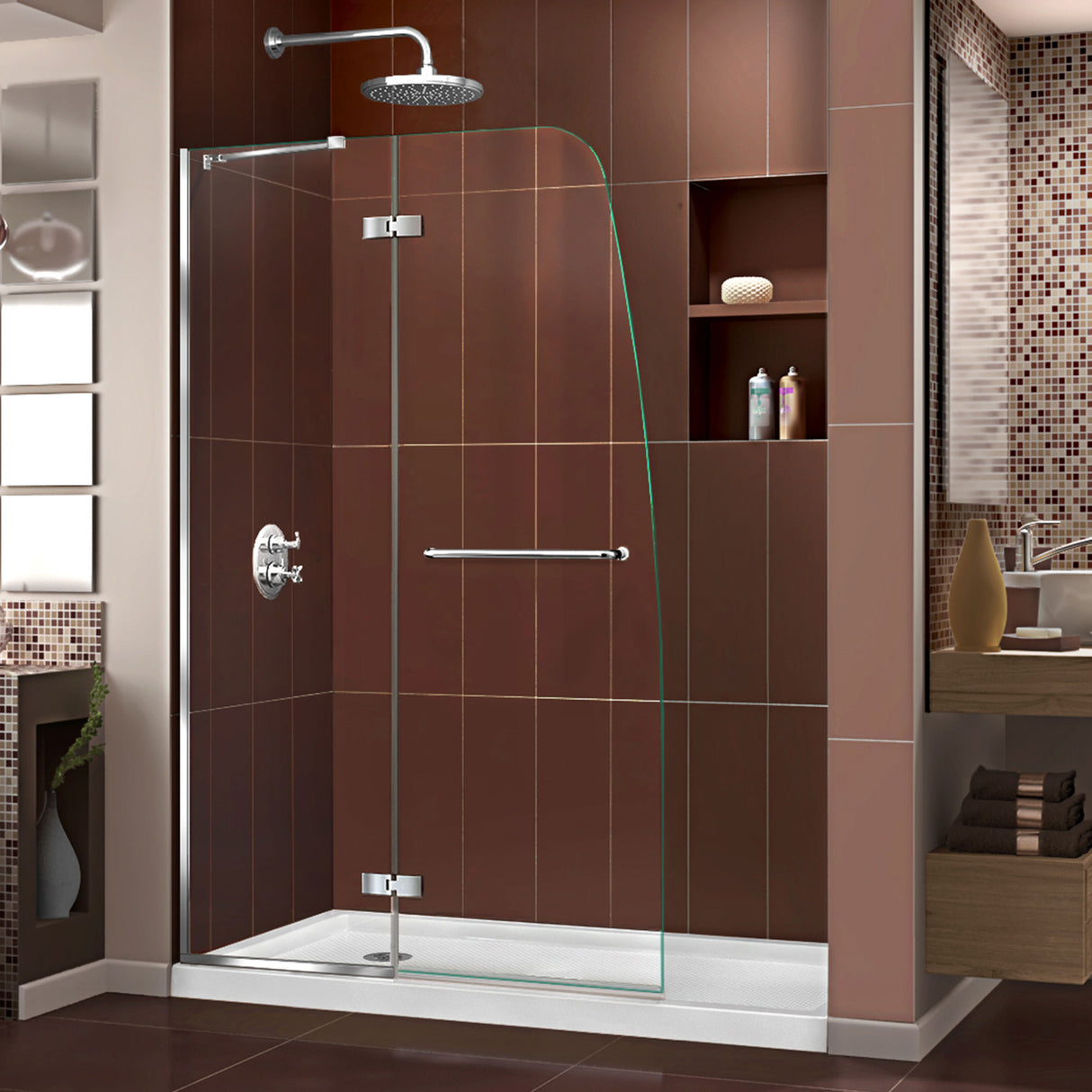 DreamLine Aqua Ultra 34 in. D x 60 in. W x 74 3/4 in. H Frameless Shower Door in Chrome and Left Drain White Base Kit