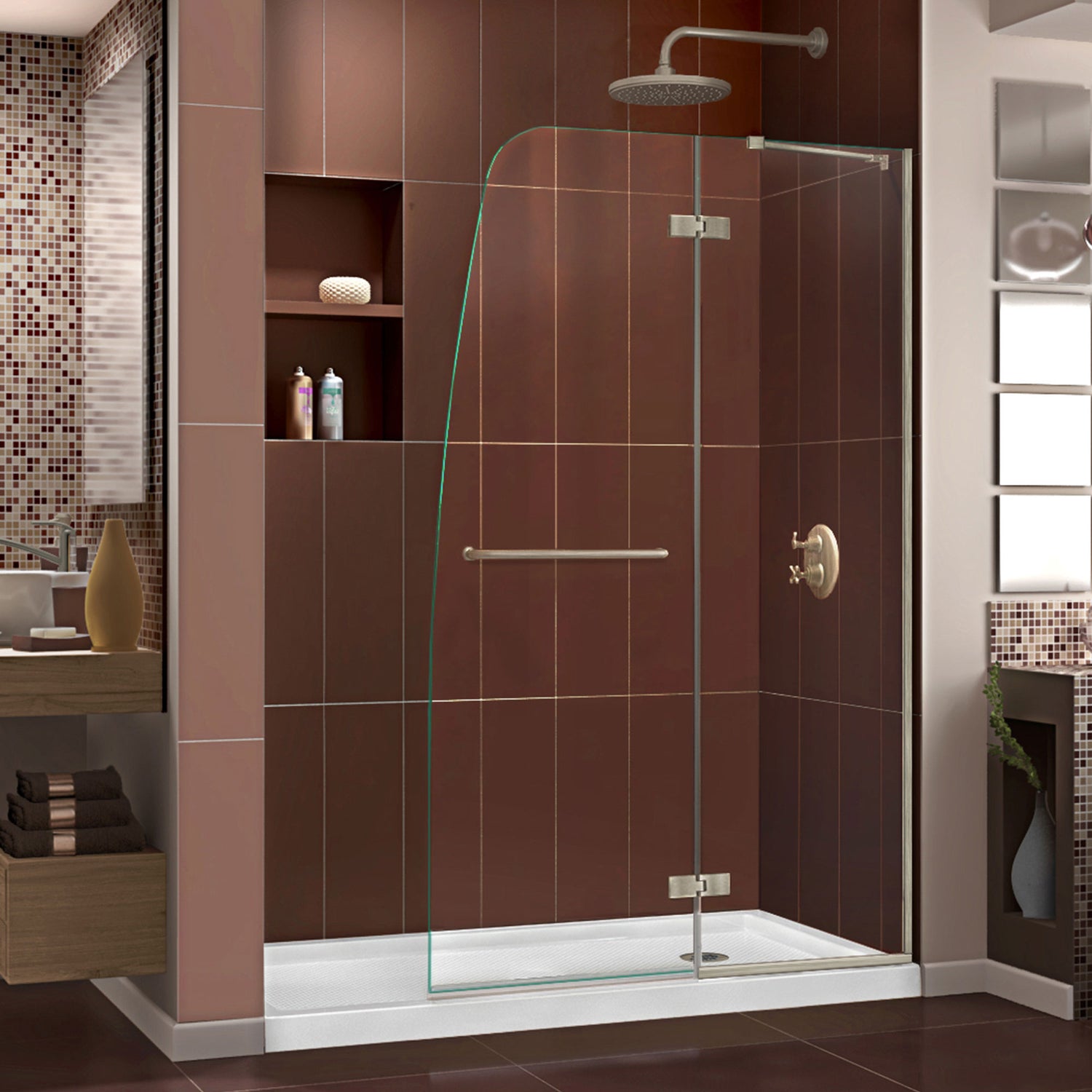 DreamLine Aqua Ultra 36 in. D x 60 in. W x 74 3/4 in. H Frameless Shower Door in Brushed Nickel and Right Drain White Base Kit