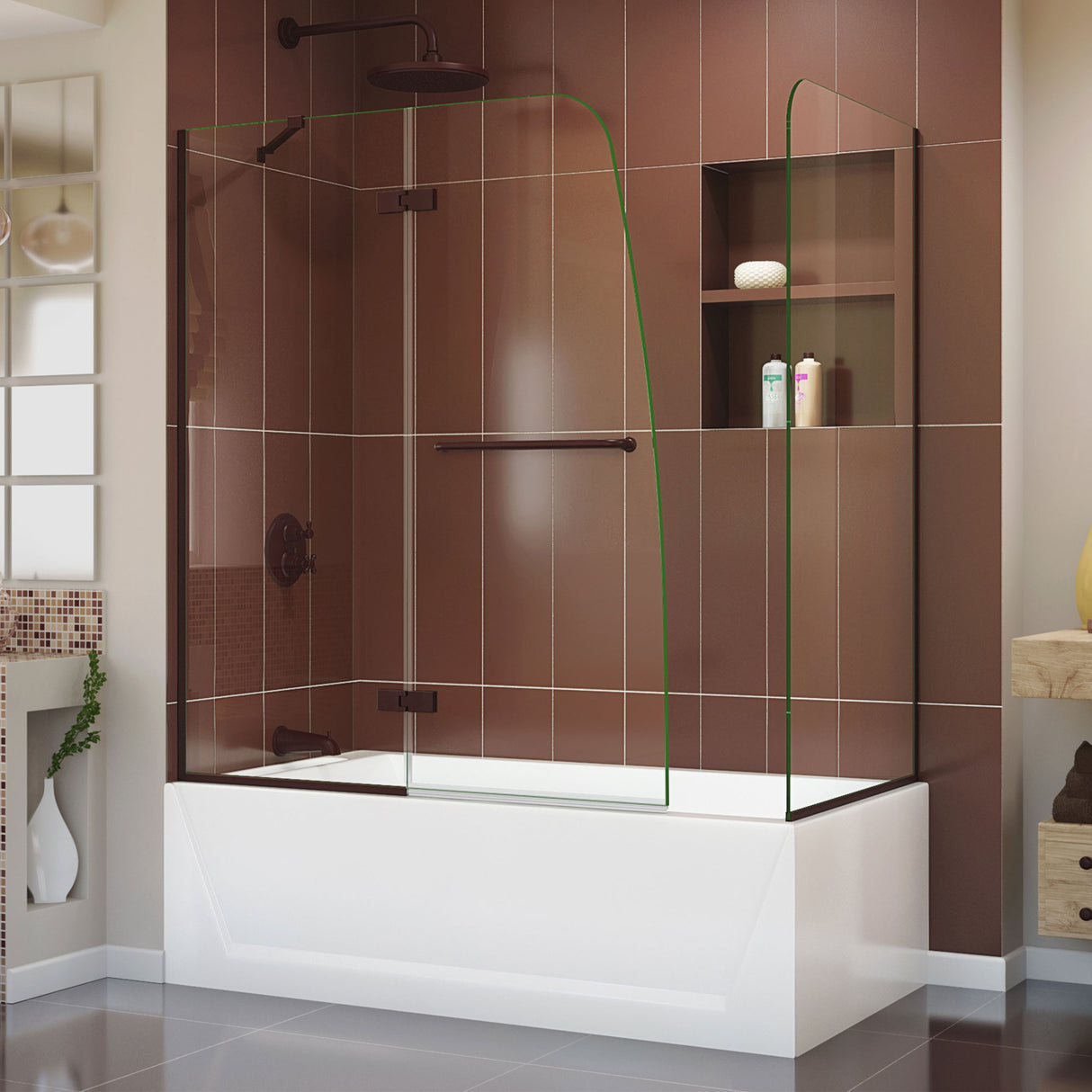 DreamLine Aqua Ultra 48 in. W x 30 in. D x 58 in. H Frameless Hinged Tub Door with Return Panel in Oil Rubbed Bronze
