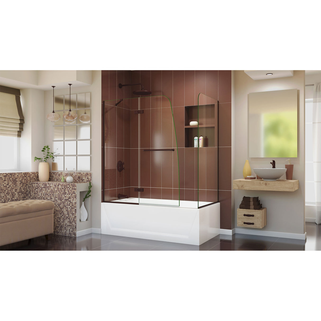 DreamLine Aqua Ultra 48 in. W x 30 in. D x 58 in. H Frameless Hinged Tub Door with Return Panel in Oil Rubbed Bronze