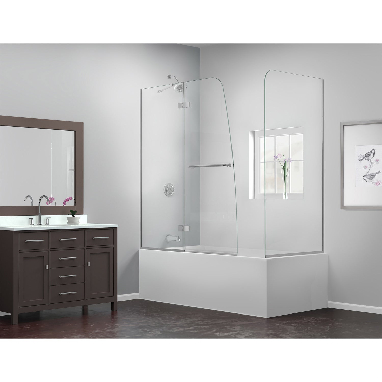 DreamLine Aqua Ultra 48 in. W x 30 in. D x 58 in. H Frameless Hinged Tub Door with Return Panel in Brushed Nickel