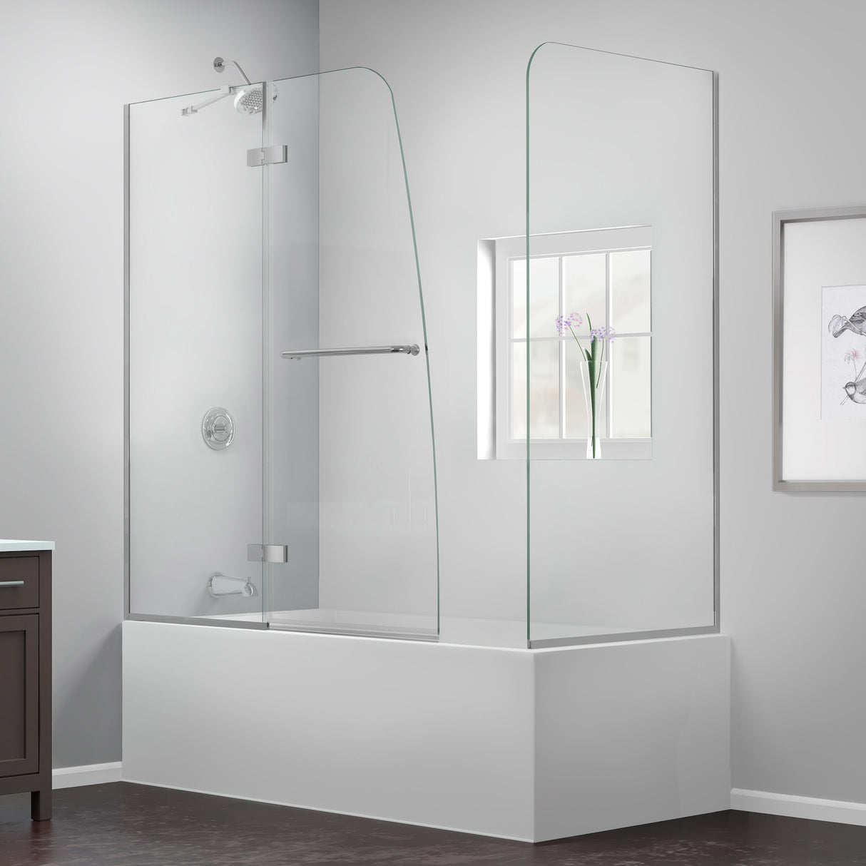DreamLine Aqua Ultra 48 in. W x 30 in. D x 58 in. H Frameless Hinged Tub Door with Return Panel in Brushed Nickel