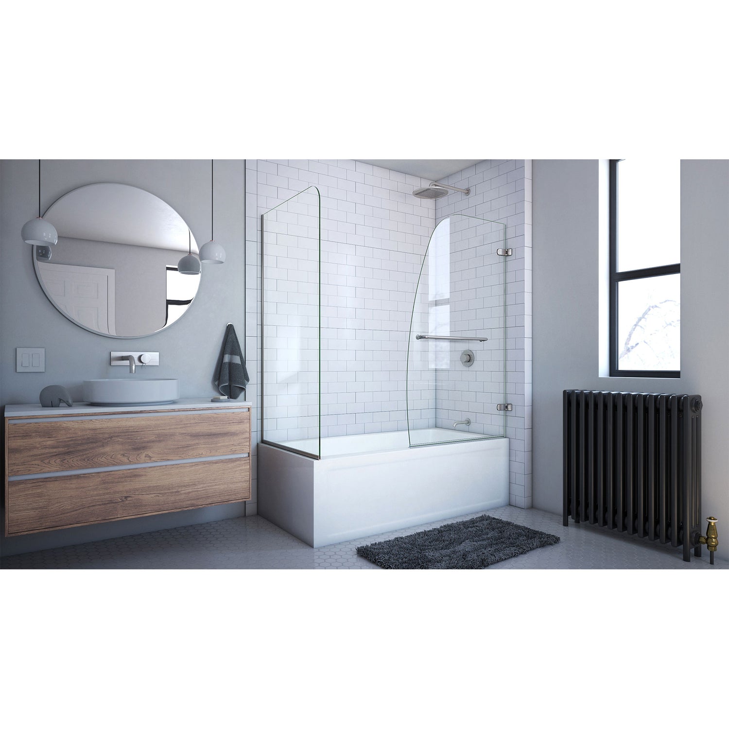 DreamLine Aqua Uno 56-60 in. W x 30 in. D x 58 in. H Frameless Hinged Tub Door with Return Panel in Brushed Nickel