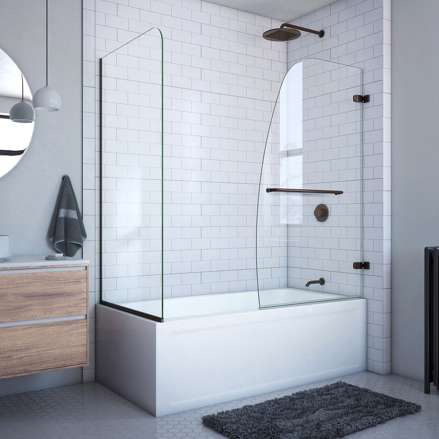 DreamLine Aqua Uno 56-60 in. W x 30 in. D x 58 in. H Frameless Hinged Tub Door with Return Panel in Oil Rubbed Bronze