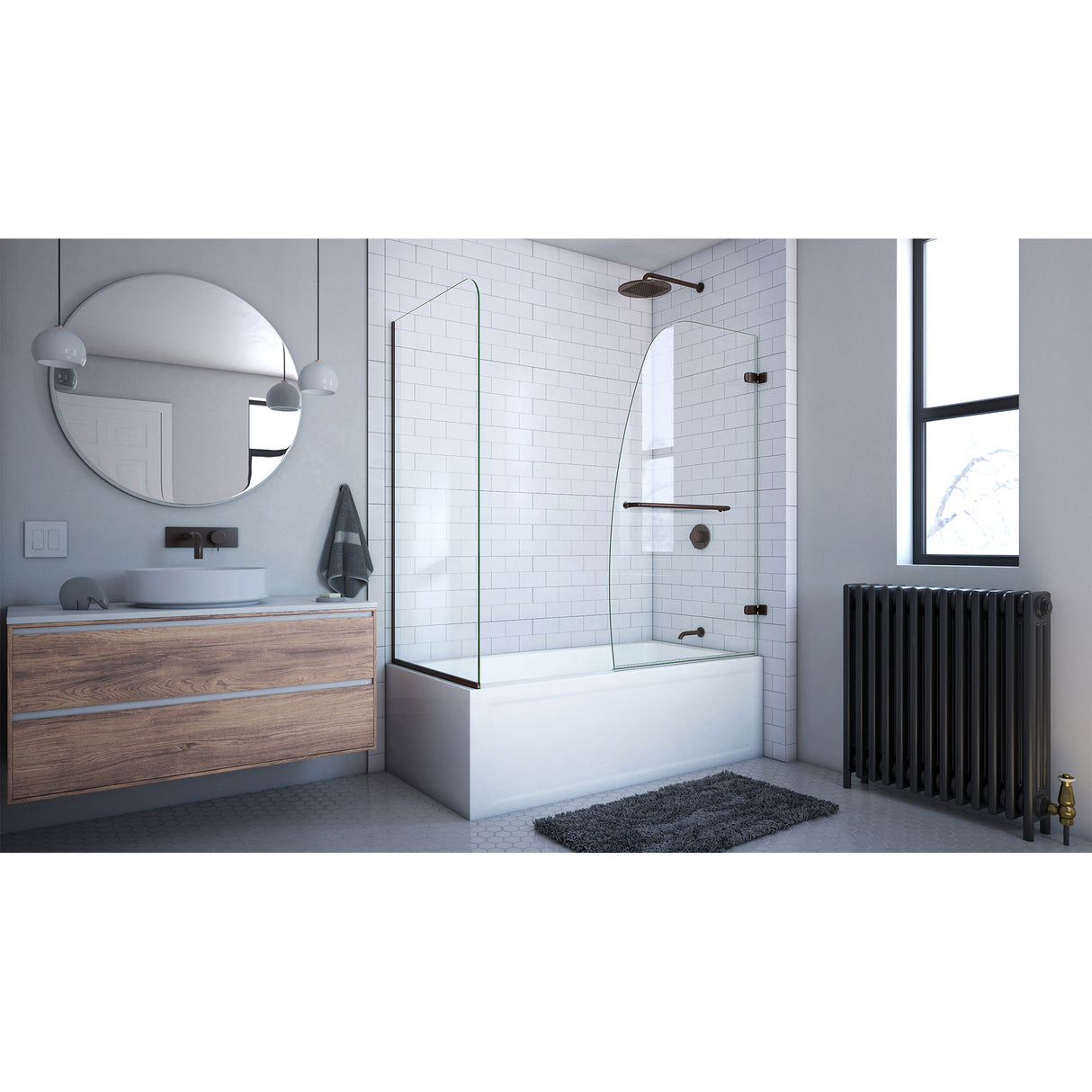 DreamLine Aqua Uno 56-60 in. W x 30 in. D x 58 in. H Frameless Hinged Tub Door with Return Panel in Oil Rubbed Bronze