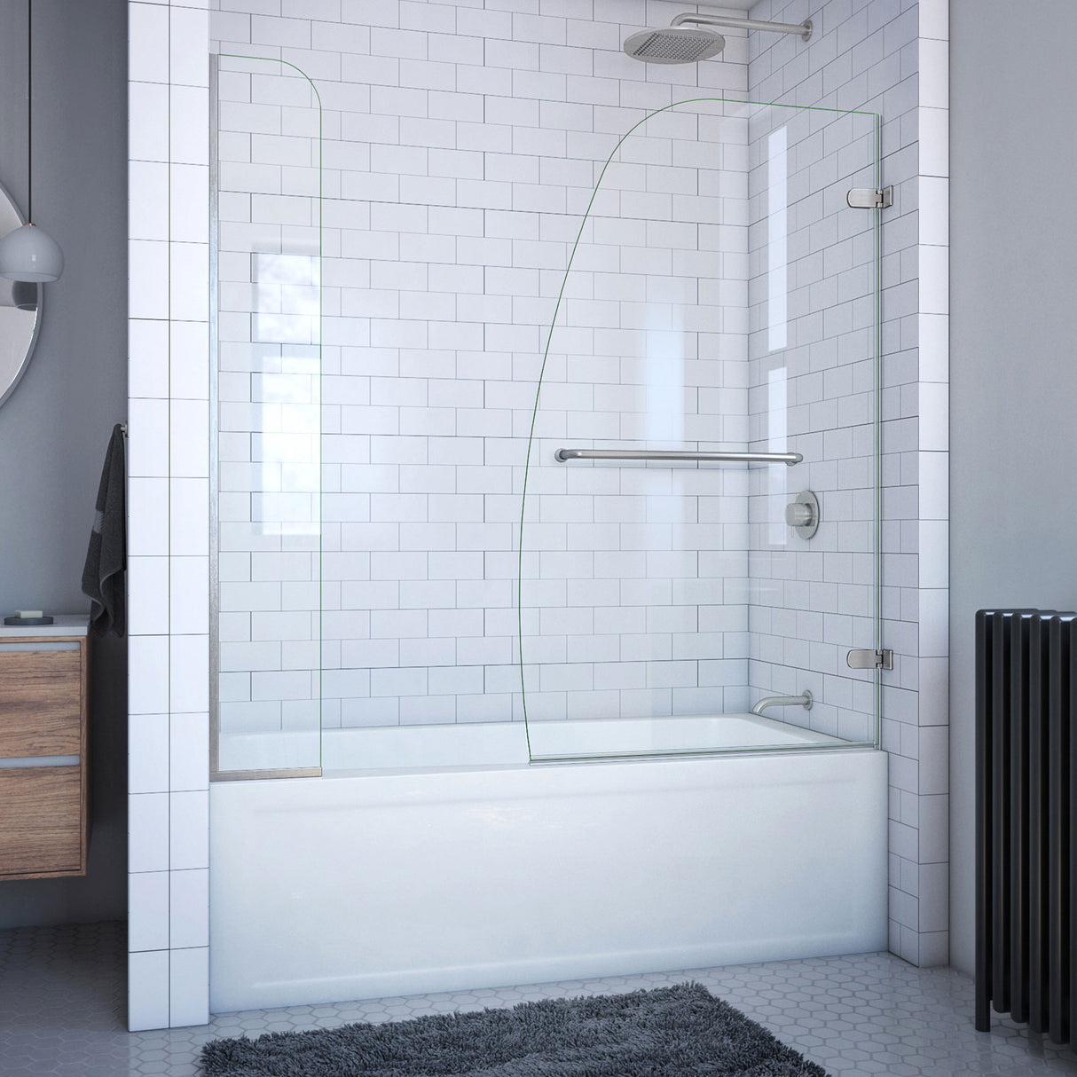 DreamLine Aqua Uno 56-60 in. W x 58 in. H Frameless Hinged Tub Door with Extender Panel in Brushed Nickel