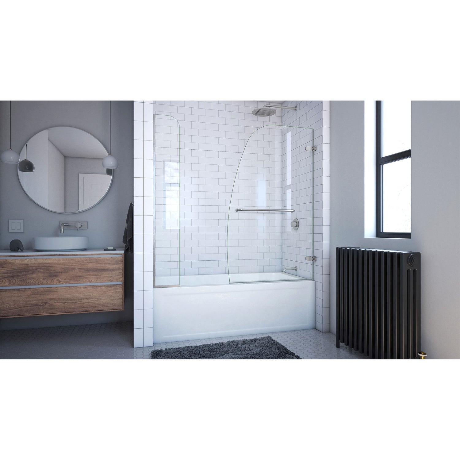 DreamLine Aqua Uno 56-60 in. W x 58 in. H Frameless Hinged Tub Door with Extender Panel in Brushed Nickel