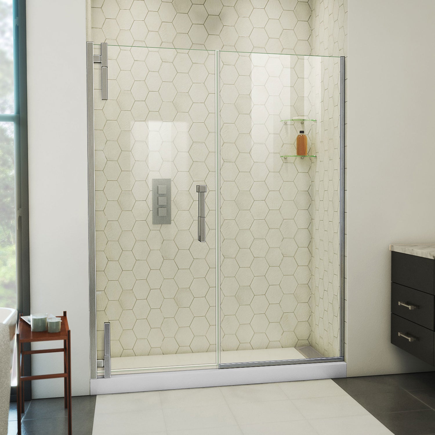 DreamLine Ascend 58-59 in. W x 72 in. H Frameless Pivot Shower Door in Brushed Nickel