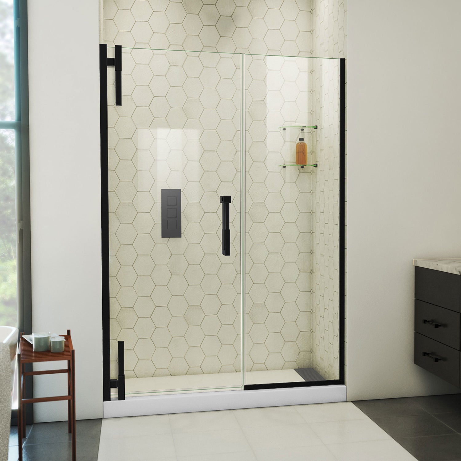 DreamLine Ascend 54-55 in. W x 72 in. H Frameless Pivot Shower Door in Satin Black