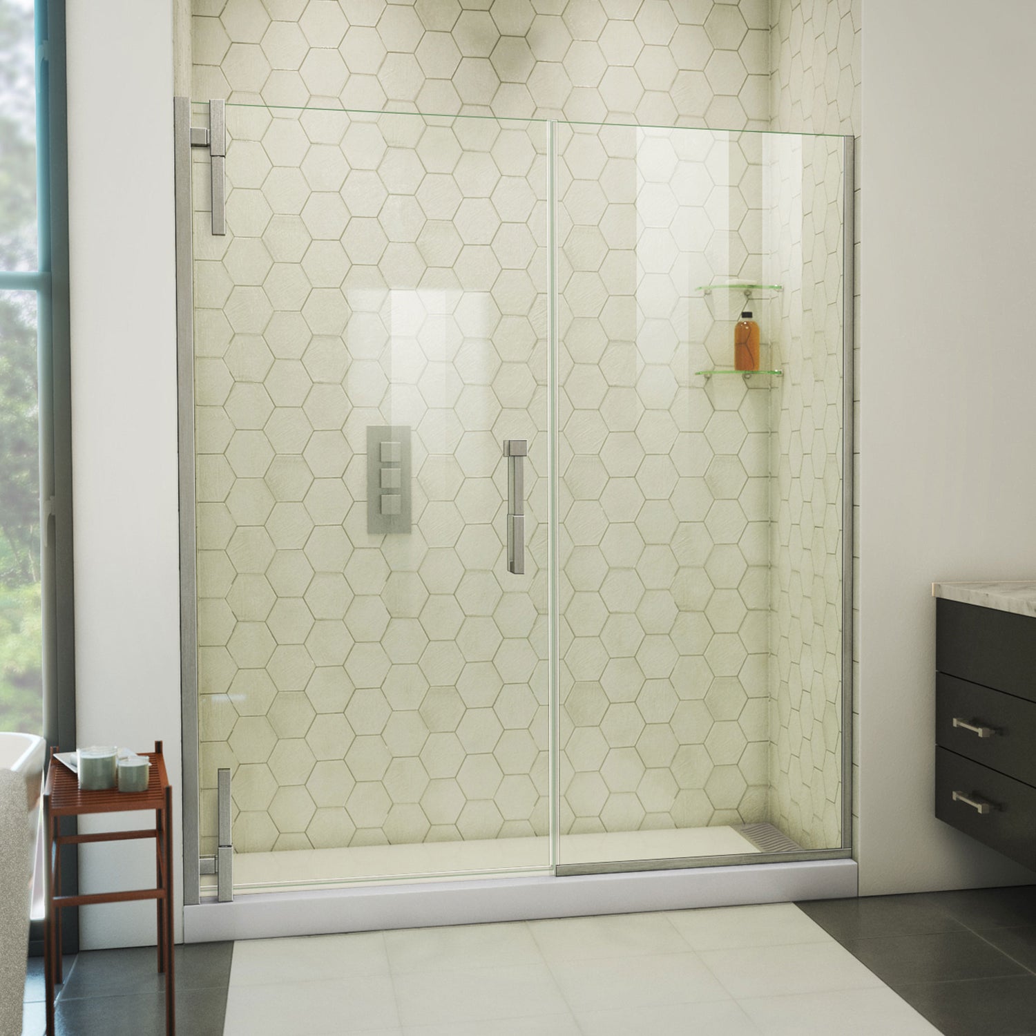 DreamLine Ascend 60-61 in. W x 72 in. H Frameless Pivot Shower Door in Brushed Nickel