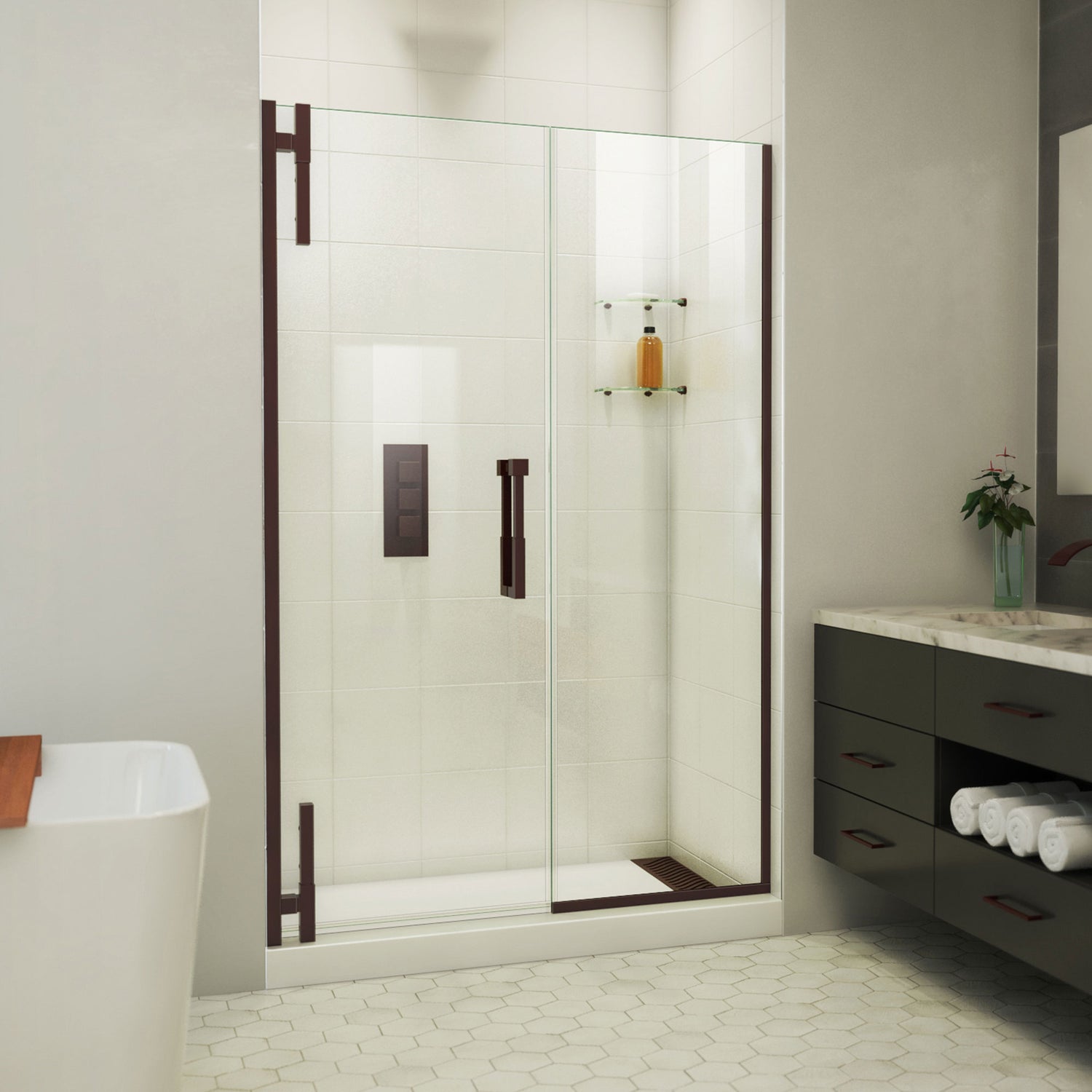 DreamLine Ascend 56-57 in. W x 72 in. H Frameless Pivot Shower Door in Oil Rubbed Bronze