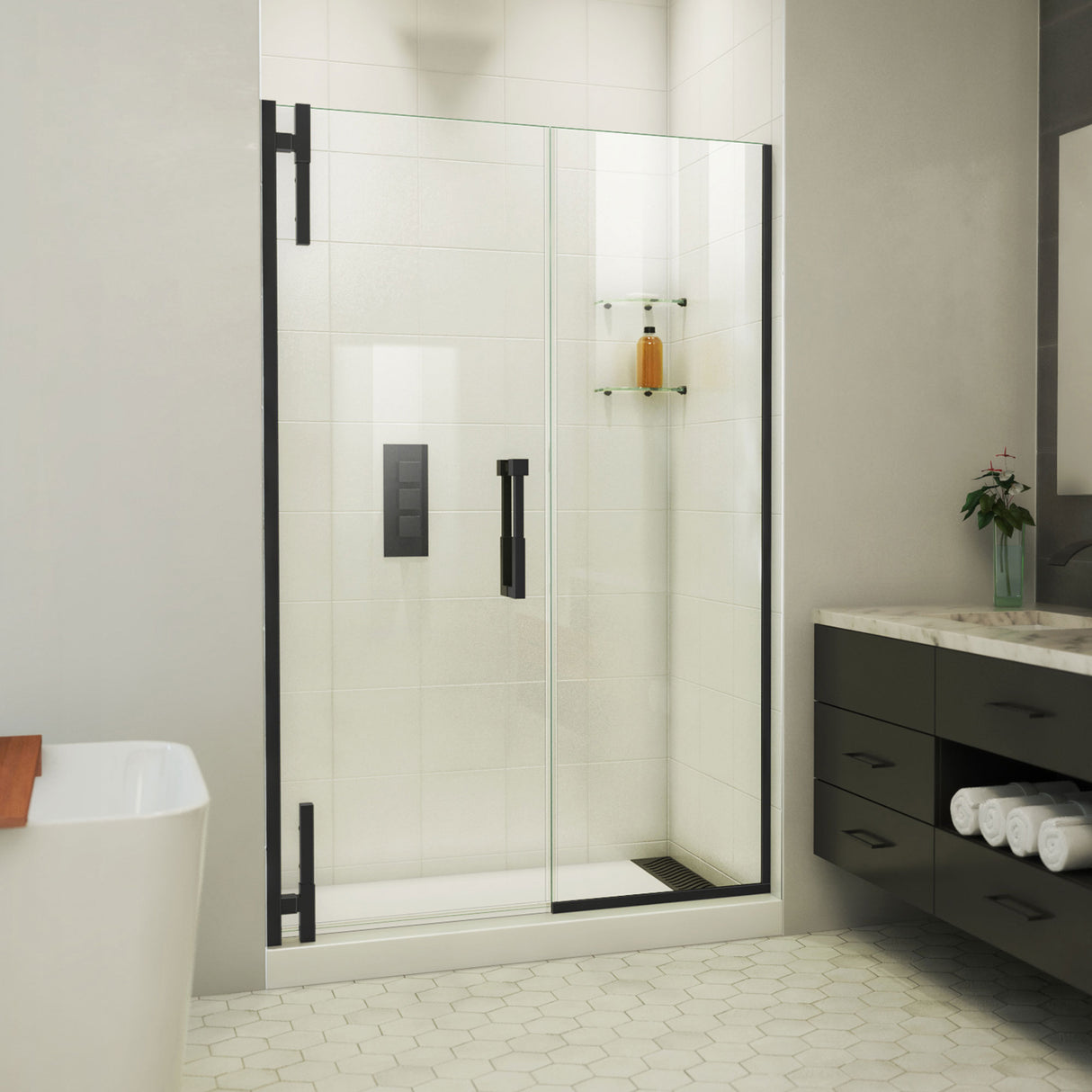 DreamLine Ascend 56 1/2-57 1/2 in. W x 72 in. H Frameless Pivot Shower Door in Satin Black