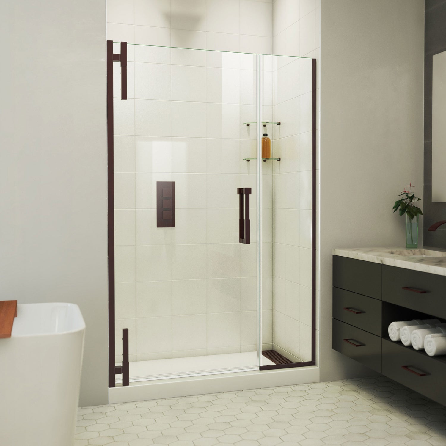 DreamLine Ascend 44 1/2-45 1/2 in. W x 72 in. H Frameless Pivot Shower Door in Oil Rubbed Bronze