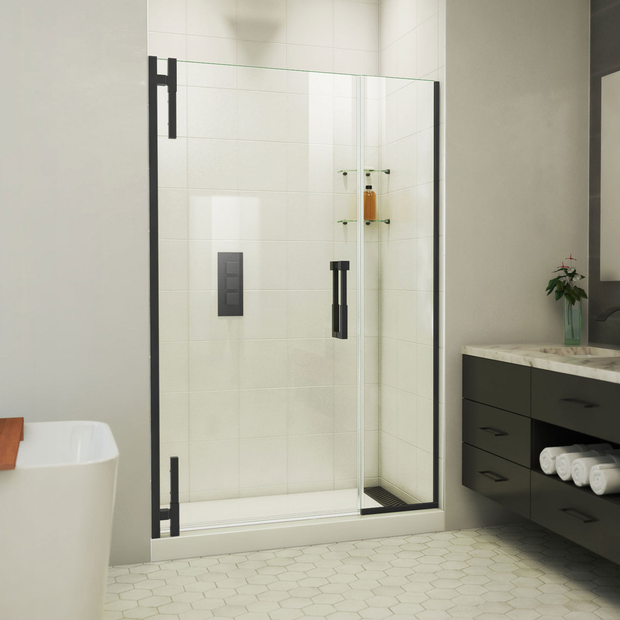 DreamLine Ascend 48-49 in. W x 72 in. H Frameless Pivot Shower Door in Satin Black
