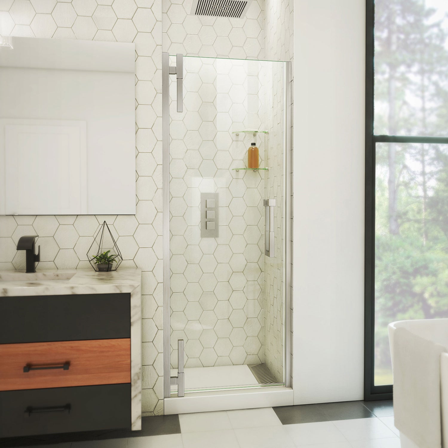 DreamLine Ascend 33 1/4-34 in. W x 72 in. H Frameless Pivot Shower Door in Brushed Nickel