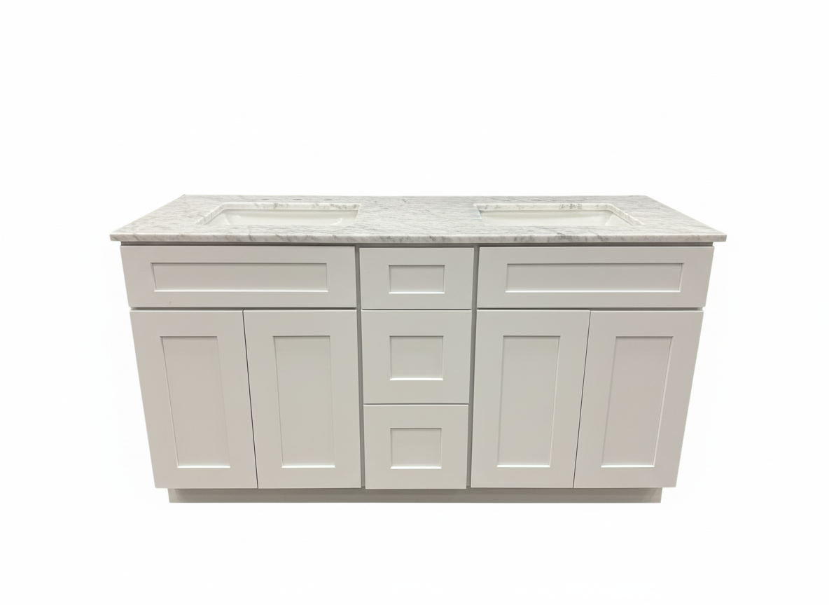 Cab-Tech 60" Double Vanity Suite – White with Custom Marble Top – Floor Model