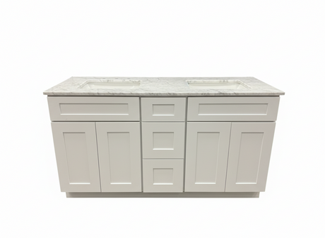 Cab-Tech 60" Double Vanity Suite – White with Custom Marble Top – Floor Model
