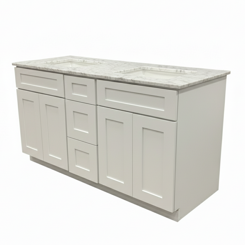 Cab-Tech 60" Double Vanity Suite – White with Custom Marble Top – Floor Model