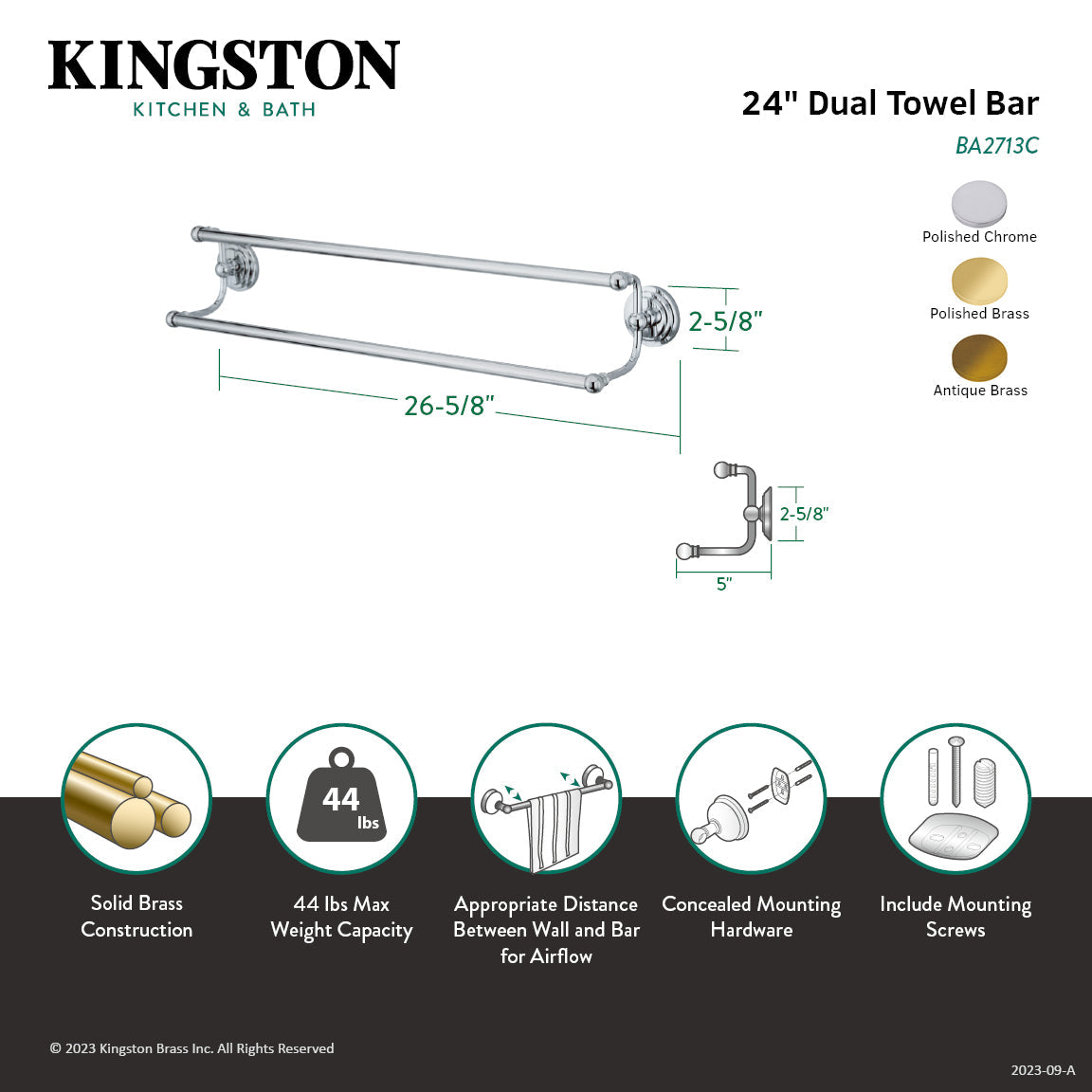 Milano BA2713PB 24-Inch Dual Towel Bar, Polished Brass