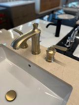 36" Navy Vanity Set with Tan Marble Vanity Top with Brass Widespread Faucet