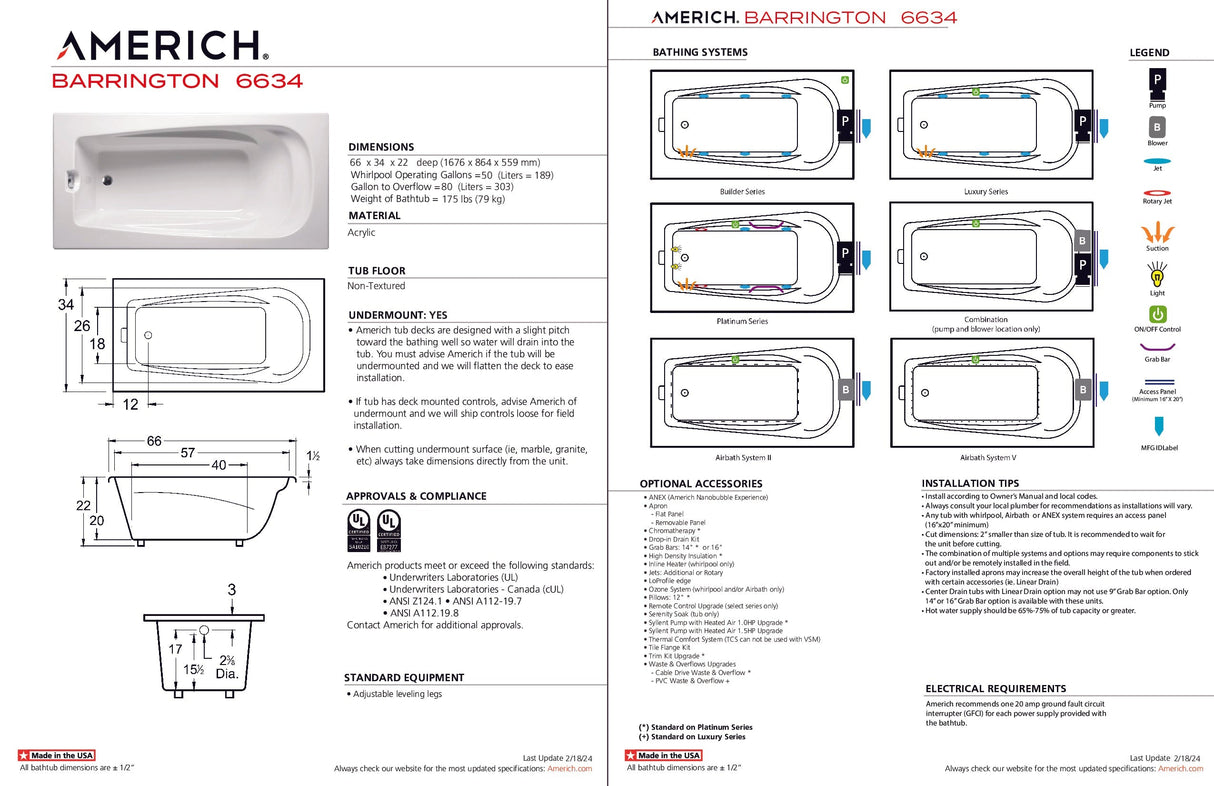 Americh BA6634TA2-BI Barrington 6634 - Tub Only / Airbath 2 - Biscuit