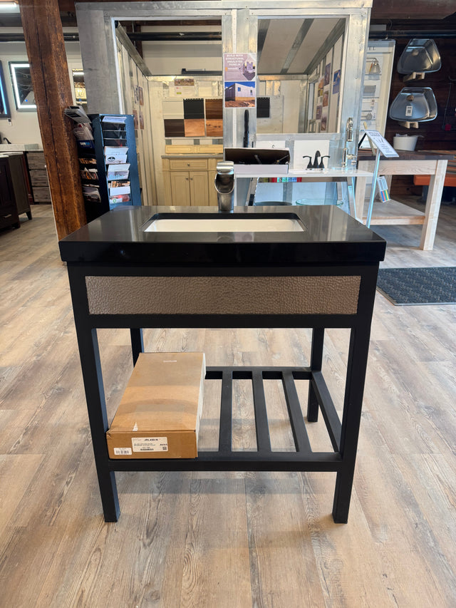 30" Metal Frame Vanity with Nickel Fronts with Quartz Top, China Sink, and Brush Nickel Waterfall Faucet