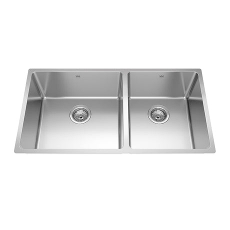 KINDRED BCU1835R-9N Brookmore 34.5-in LR x 18.2-in FB x 9-in DP Undermount Double Bowl Stainless Steel Sink In Commercial Satin Finish