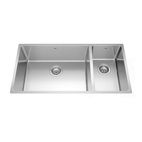 KINDRED BCU1836R-9N Brookmore 35.6-in LR x 18.2-in FB x 9-in DP Undermount Double Bowl Stainless Steel Sink In Commercial Satin Finish