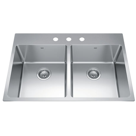 KINDRED BDL2233-9-3N Brookmore 32.9-in LR x 22.1-in FB x 9-in DP Drop in Double Bowl Stainless Steel Sink In Commercial Satin Finish