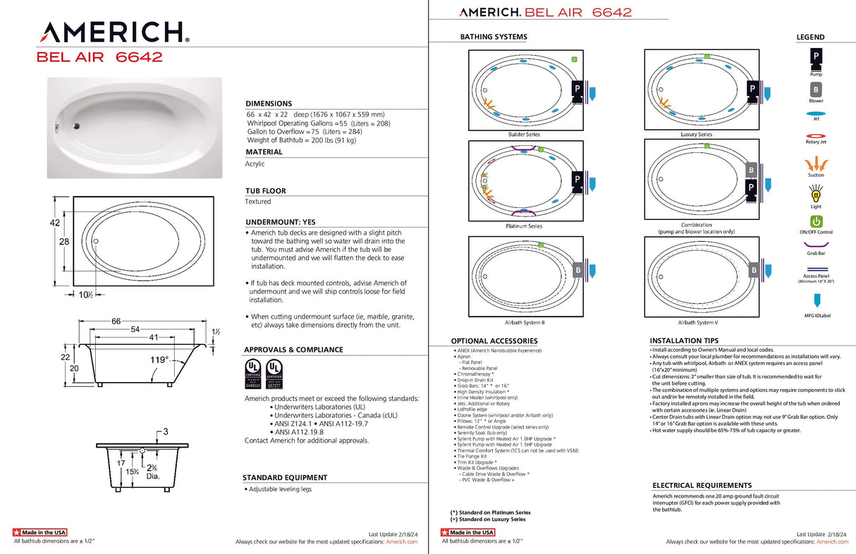 Americh BE6642TA2-BI Bel Air 6642 - Tub Only / Airbath 2 - Biscuit