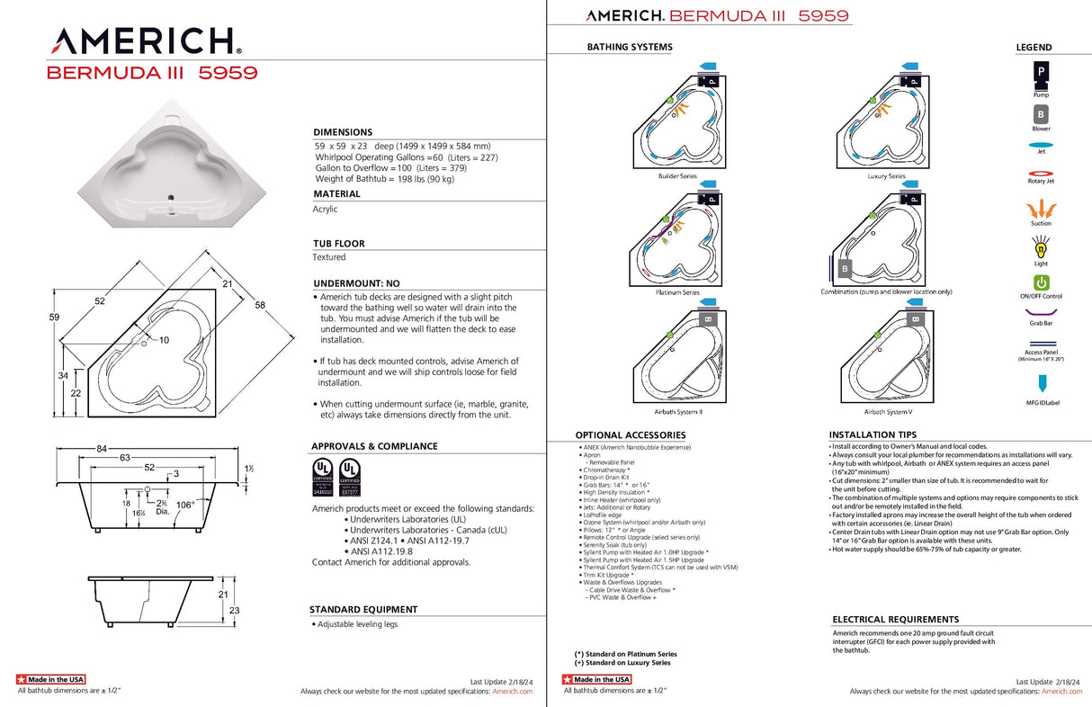 Americh BM0321TA2-BI Bermuda III 5959 - Tub Only / Airbath 2 - Biscuit