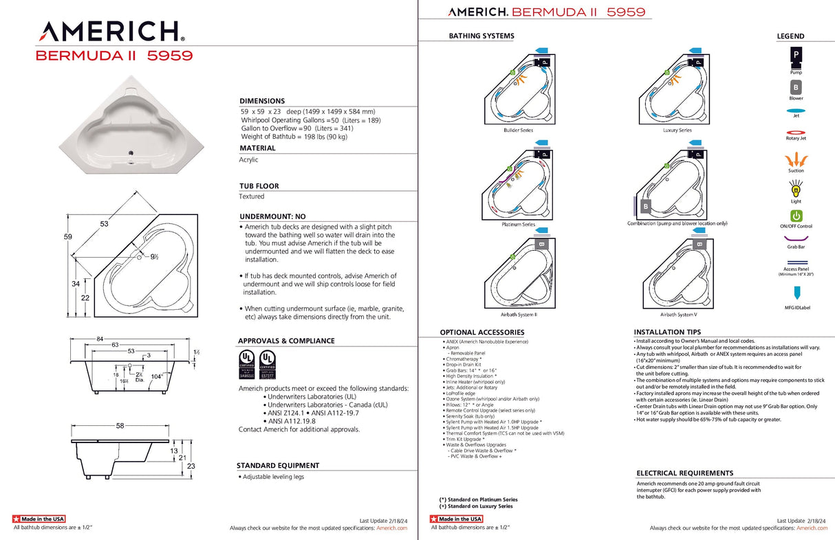 Americh BM0221TA2-BI Bermuda II 5959 - Tub Only / Airbath 2 - Biscuit