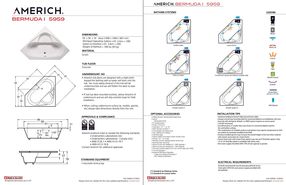 Americh BM0117TA2-BI Bermuda I 5959 - Tub Only / Airbath 2 - Biscuit