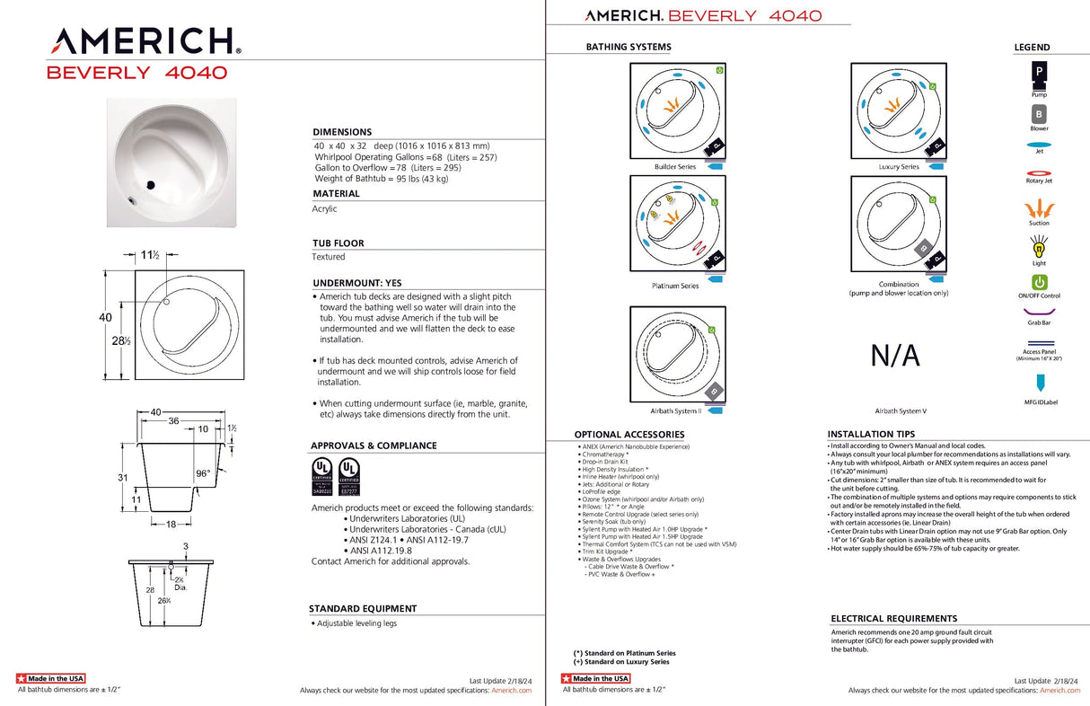 Americh BV4040TA2-BI Beverly 4040 - Tub Only / Airbath 2 - Biscuit