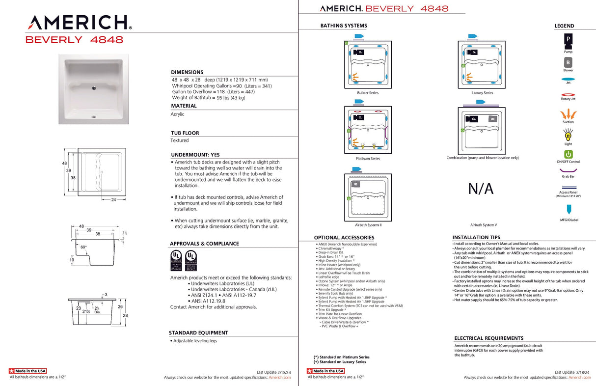 Americh BV4848TA2-BI Beverly 4848 - Tub Only / Airbath 2 - Biscuit