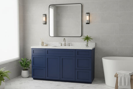 Blue kitchen cabinet with two sinks on a white background